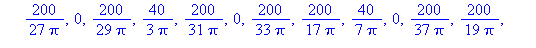 200/Pi, 200/Pi, 200/3/Pi, 0, 40/Pi, 200/3/Pi, 200/7/Pi, 0, 200/9/Pi, 40/Pi, 200/11/Pi, 0, 200/13/Pi, 200/7/Pi, 40/3/Pi, 0, 200/17/Pi, 200/9/Pi, 200/19/Pi, 0, 200/21/Pi, 200/11/Pi, 200/23/Pi, 0, 8/Pi, ...