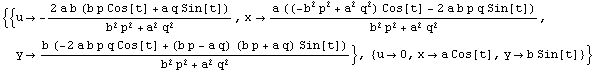 {{u -> -(2 a b (b p Cos[t] + a q Sin[t]))/(b^2 p^2 + a^2 q^2), x -> (a ((-b^2 p^2 + a^2  ... - a q) (b p + a q) Sin[t]))/(b^2 p^2 + a^2 q^2)}, {u -> 0, x -> a Cos[t], y -> b Sin[t]}}