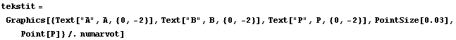 tekstit = Graphics[{Text["A", A, {0, -2}], Text["B", B, {0, -2}], Text["P", P, {0, -2}], PointSize[0.03], Point[P]} /. numarvot]