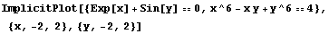 ImplicitPlot[{Exp[x] + Sin[y] == 0, x^6 - x y + y^6 == 4}, {x, -2, 2}, {y, -2, 2}]