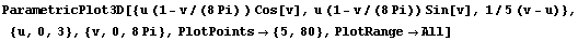 ParametricPlot3D[{u (1 - v/(8 Pi) ) Cos[v], u (1 - v/(8 Pi)) Sin[v], 1/5 (v - u)}, {u, 0, 3}, {v, 0, 8 Pi}, PlotPoints -> {5, 80}, PlotRange -> All]
