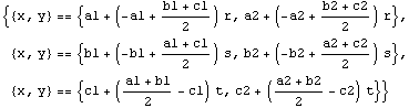 {{x, y} == {a1 + (-a1 + (b1 + c1)/2) r, a2 + (-a2 + (b2 + c2)/2) r}, {x, y} == {b1 + (-b1 + (a ...  s, b2 + (-b2 + (a2 + c2)/2) s}, {x, y} == {c1 + ((a1 + b1)/2 - c1) t, c2 + ((a2 + b2)/2 - c2) t}}