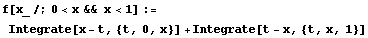 f[x_ /; 0 < x && x < 1] := Integrate[x - t, {t, 0, x}] + Integrate[t - x, {t, x, 1}]