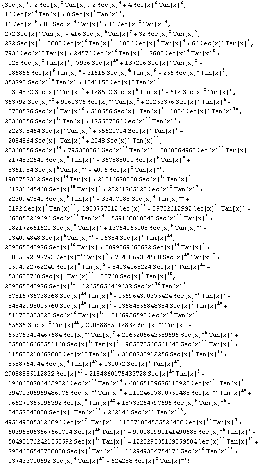 {Sec[x]^2, 2 Sec[x]^2 Tan[x], 2 Sec[x]^4 + 4 Sec[x]^2 Tan[x]^2, 16 Sec[x]^4 Tan[x] + 8 Sec[x]^ ...  112949304754176 Sec[x]^6 Tan[x]^15 + 137433710592 Sec[x]^4 Tan[x]^17 + 524288 Sec[x]^2 Tan[x]^19}