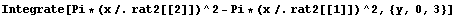Integrate[Pi * (x /. rat2[[2]])^2 - Pi * (x /. rat2[[1]])^2, {y, 0, 3}]