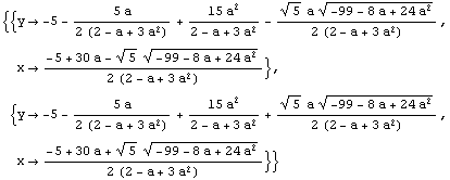 {{y -> -5 - (5 a)/(2 (2 - a + 3 a^2)) + (15 a^2)/(2 - a + 3 a^2) - (5^(1/2) a (-99 - 8 a +  ... 2 (2 - a + 3 a^2)), x -> (-5 + 30 a + 5^(1/2) (-99 - 8 a + 24 a^2)^(1/2))/(2 (2 - a + 3 a^2))}}