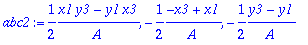 abc2 := 1/2*(x1*y3-y1*x3)/A, -1/2*(-x3+x1)/A, -1/2*...