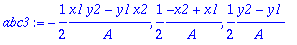 abc3 := -1/2*(x1*y2-y1*x2)/A, 1/2*(-x2+x1)/A, 1/2*(...