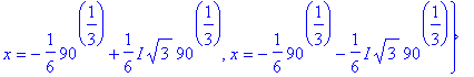 {y = -1/6*90^(1/3)-1/6*I*sqrt(3)*90^(1/3), y = -1/6...