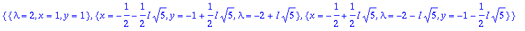 {{lambda = 2, x = 1, y = 1}, {x = -1/2-1/2*I*sqrt(5...
