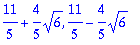 11/5+4/5*sqrt(6), 11/5-4/5*sqrt(6)