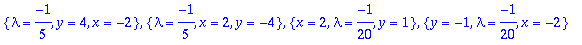 {lambda = -1/5, y = 4, x = -2}, {lambda = -1/5, x =...
