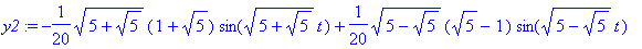 y2 := -1/20*(5+5^(1/2))^(1/2)*(1+5^(1/2))*sin((5+5^(1/2))^(1/2)*t)+1/20*(5-5^(1/2))^(1/2)*(5^(1/2)-1)*sin((5-5^(1/2))^(1/2)*t)