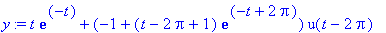 y := t*exp(-t)+(-1+(t-2*Pi+1)*exp(-t+2*Pi))*u(t-2*Pi)