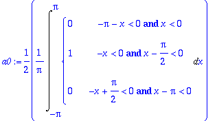 a0 := 1/2*1/Pi*Int(PIECEWISE([0, -Pi-x < 0 and x < 0],[1, -x < 0 and x-1/2*Pi < 0],[0, -x+1/2*Pi < 0 and x-Pi < 0]),x = -Pi .. Pi)