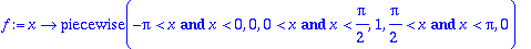 f := proc (x) options operator, arrow; piecewise(-Pi < x and x < 0,0,0 < x and x < 1/2*Pi,1,1/2*Pi < x and x < Pi,0) end proc