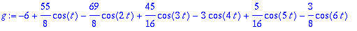 g := -6+55/8*cos(t)-69/8*cos(2*t)+45/16*cos(3*t)-3*cos(4*t)+5/16*cos(5*t)-3/8*cos(6*t)