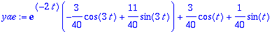 yae := exp(-2*t)*(-3/40*cos(3*t)+11/40*sin(3*t))+3/40*cos(t)+1/40*sin(t)