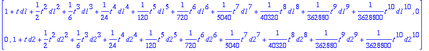 matrix([[1+t*d1+1/2*t^2*d1^2+1/6*t^3*d1^3+1/24*t^4*d1^4+1/120*t^5*d1^5+1/720*t^6*d1^6+1/5040*t^7*d1^7+1/40320*t^8*d1^8+1/362880*t^9*d1^9+1/3628800*t^10*d1^10, 0], [0, 1+t*d2+1/2*t^2*d2^2+1/6*t^3*d2^3+1...