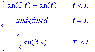 PIECEWISE([sin(3*t)+sin(t), t < Pi],[undefined, t = Pi],[4/3*sin(3*t), Pi < t])