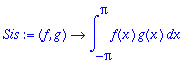 Sis := proc (f, g) options operator, arrow; int(f(x)*g(x),x = -Pi .. Pi) end proc