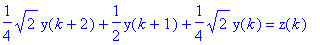 1/4*2^(1/2)*y(k+2)+1/2*y(k+1)+1/4*2^(1/2)*y(k) = z(k)