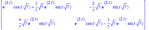 matrix([[exp(2*t)*cos(t*sqrt(7))+1/7*sqrt(7)*exp(2*...