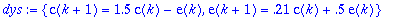 dys := {c(k+1) = 1.5*c(k)-e(k), e(k+1) = .21*c(k)+....