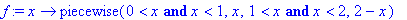f := proc (x) options operator, arrow; piecewise(0 < x and x < 1,x,1 < x and x < 2,2-x) end proc