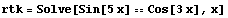 rtk = Solve[Sin[5 x] == Cos[3 x], x]